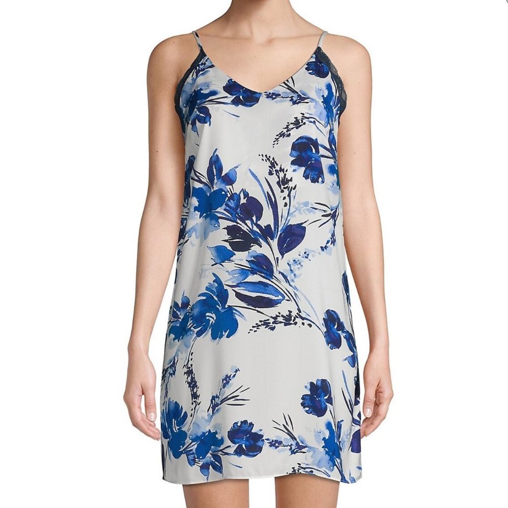 Elysian Blue and White Floral Lace-Trimmed Chemise Sz S